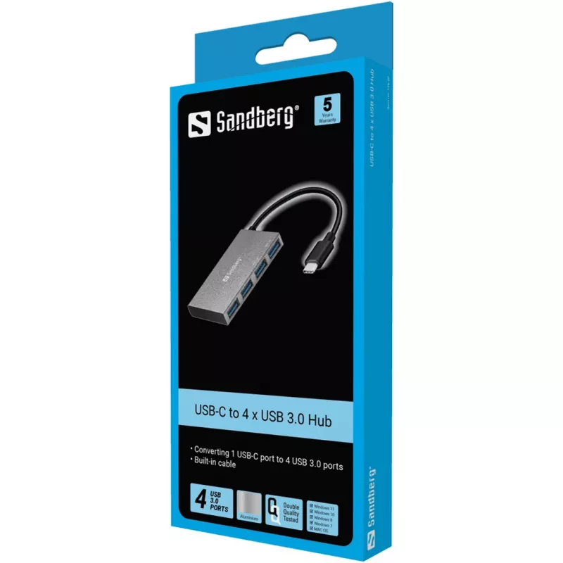 Sandberg 136-20 vreckový rozbočovač USB-C na 4x USB 3.0, hliník, sivý