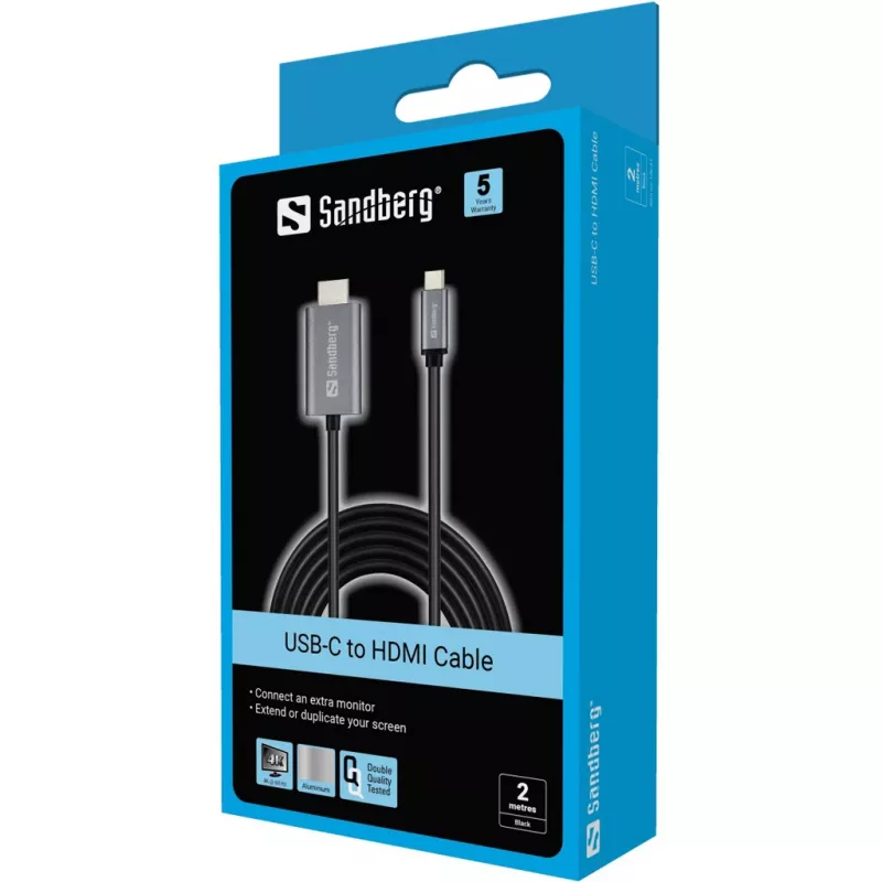 Sandberg USB-C na HDMI kábel 2M, 2 m, USB Type-C, HDMI, konektor samec, konektor samec, rovný