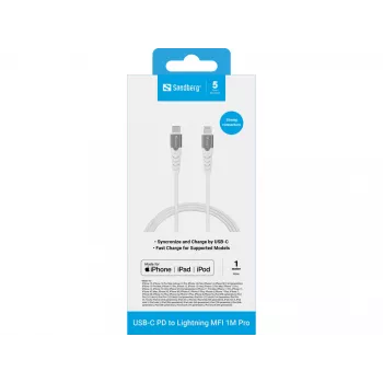 Sandberg USB-C PD na Lightning MFI 1M PRO, 1 m, Lightning, USB-C, konektor samec, konektor samec, biela