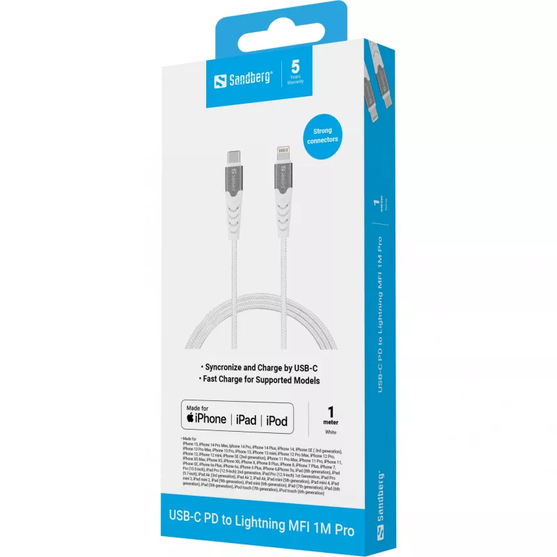 Sandberg USB-C PD na Lightning MFI 1M PRO, 1 m, Lightning, USB-C, konektor samec, konektor samec, biela