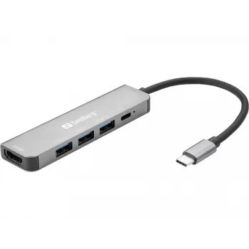 Sandberg USB-C dok HDMI+3xUSB+PD 100W, káblové, USB 3.2 Gen 1 (3.1 Gen 1) Type-C, 100 W, sivá, 4K Ultra HD, hliník
