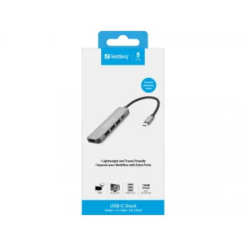 Sandberg USB-C dok HDMI+3xUSB+PD 100W, káblové, USB 3.2 Gen 1 (3.1 Gen 1) Type-C, 100 W, sivá, 4K Ultra HD, hliník
