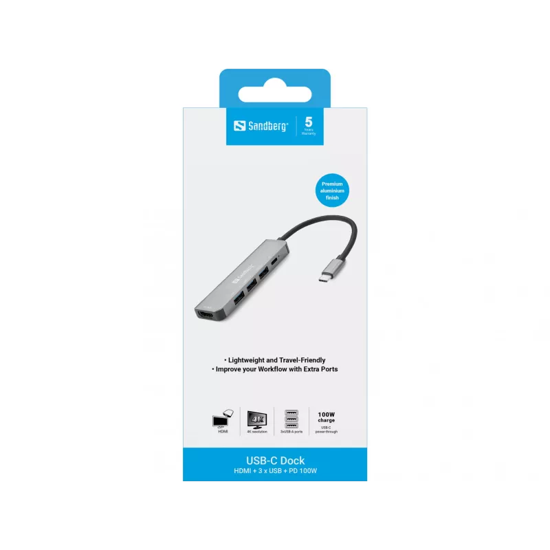 Sandberg USB-C dok HDMI+3xUSB+PD 100W, káblové, USB 3.2 Gen 1 (3.1 Gen 1) Type-C, 100 W, sivá, 4K Ultra HD, hliník