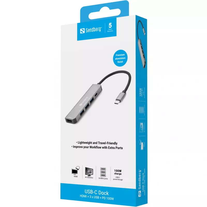 Sandberg USB-C dok HDMI+3xUSB+PD 100W, káblové, USB 3.2 Gen 1 (3.1 Gen 1) Type-C, 100 W, sivá, 4K Ultra HD, hliník