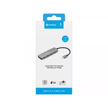Sandberg USB-C na 4 x USB-C hub, USB 3.2 Gen 1 (3.1 Gen 1) Type-C, USB 3.2 Gen 1 (3.1 Gen 1) Type-C, 10000 Mbit/s, sivá, hliník, 0,15 m