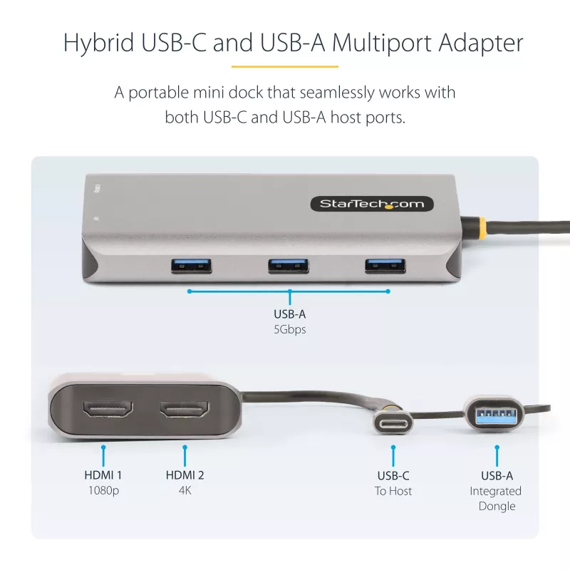 StarTech.com USB-C multiport adaptér s pripojeným USB-C na USB-A dongle, Dual HDMI (4K30Hz/1080p60Hz), 3x USB-A 5Gbps, Mini Travel Dock, dokovacia stanica pre notebook, 1,3ft/40cm kábel