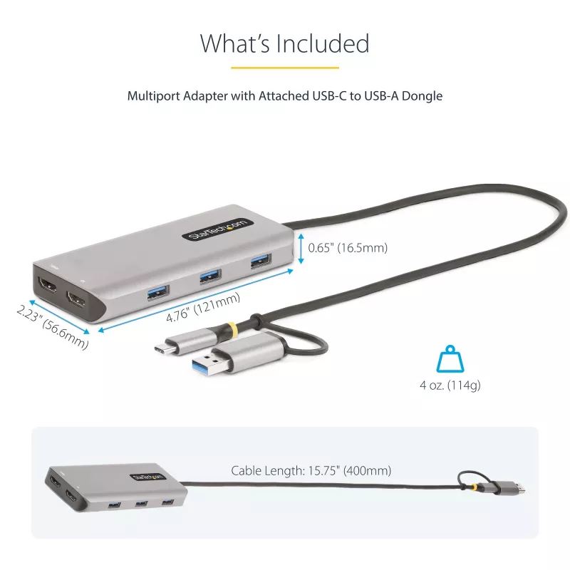 StarTech.com USB-C multiport adaptér s pripojeným USB-C na USB-A dongle, Dual HDMI (4K30Hz/1080p60Hz), 3x USB-A 5Gbps, Mini Travel Dock, dokovacia stanica pre notebook, 1,3ft/40cm kábel