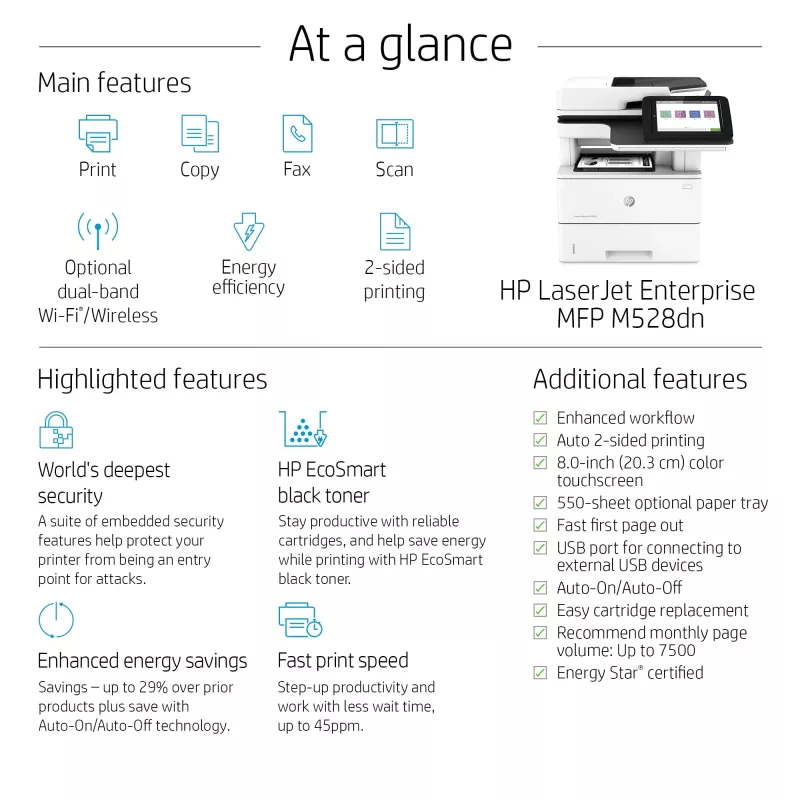 HP LaserJet Enterprise MFP M528dn, laser, monochromatlač, 1200 x 1200 DPI, A4, priama tlač, čierna, biela