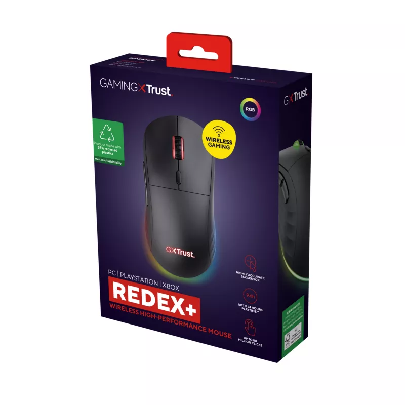 Trust GXT 927 Redex+ myš herná pravá ruka RF bezdrôtová + USB Type-A laserová 25600 DPI