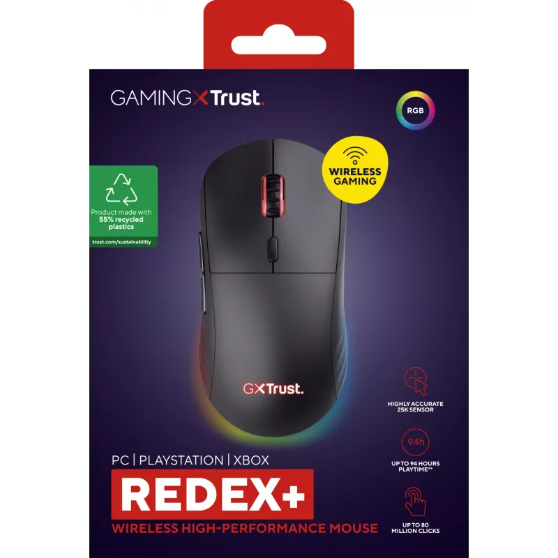 Trust GXT 927 Redex+ myš herná pravá ruka RF bezdrôtová + USB Type-A laserová 25600 DPI