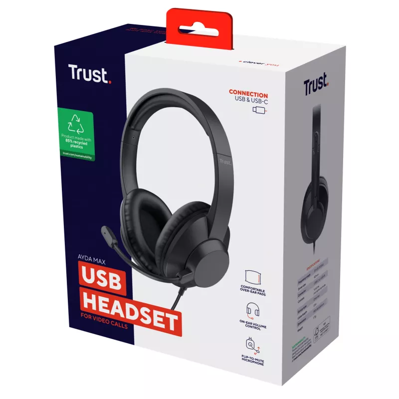 Trust Ayda Max USB headset káblový s hlavovým mostom kancelária/call centrum USB Type-C / USB Type-A čierny