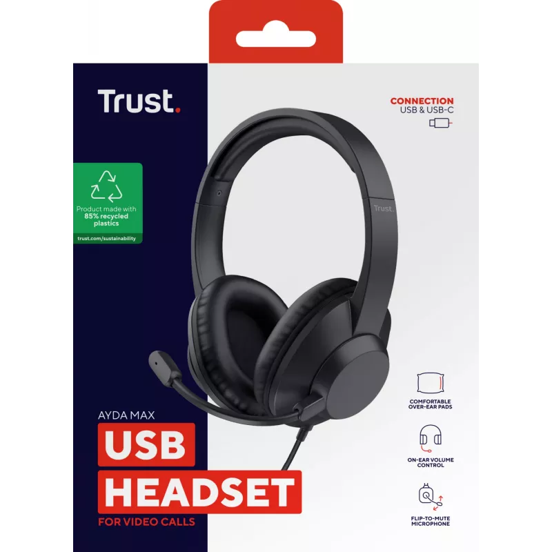 Trust Ayda Max USB headset káblový s hlavovým mostom kancelária/call centrum USB Type-C / USB Type-A čierny