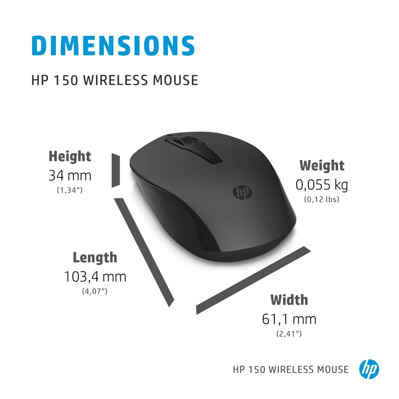 HP 150 bezdrôtová myš, pre pravákov aj ľavákov, optická, RF Wireless, 1600 dpi, čierna