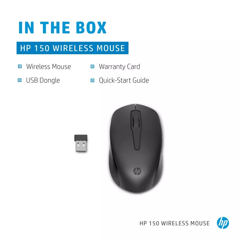 HP 150 bezdrôtová myš, pre pravákov aj ľavákov, optická, RF Wireless, 1600 dpi, čierna