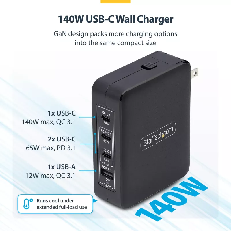 StarTech.com 140W USB-C nástenná nabíjačka, 3x USB-C/1x USB-A, PD 3.1 medzinárodný GaN napájací zdroj pre MacBook/Dell XPS/Inspiron
