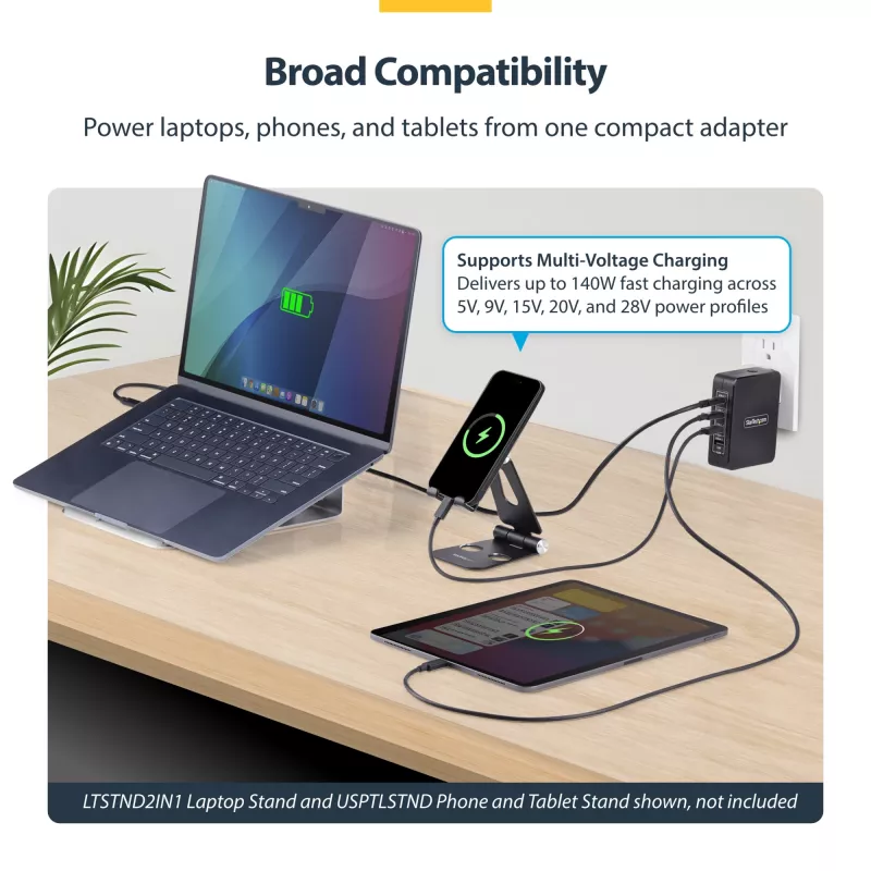 StarTech.com 140W USB-C nástenná nabíjačka, 3x USB-C/1x USB-A, PD 3.1 medzinárodný GaN napájací zdroj pre MacBook/Dell XPS/Inspiron