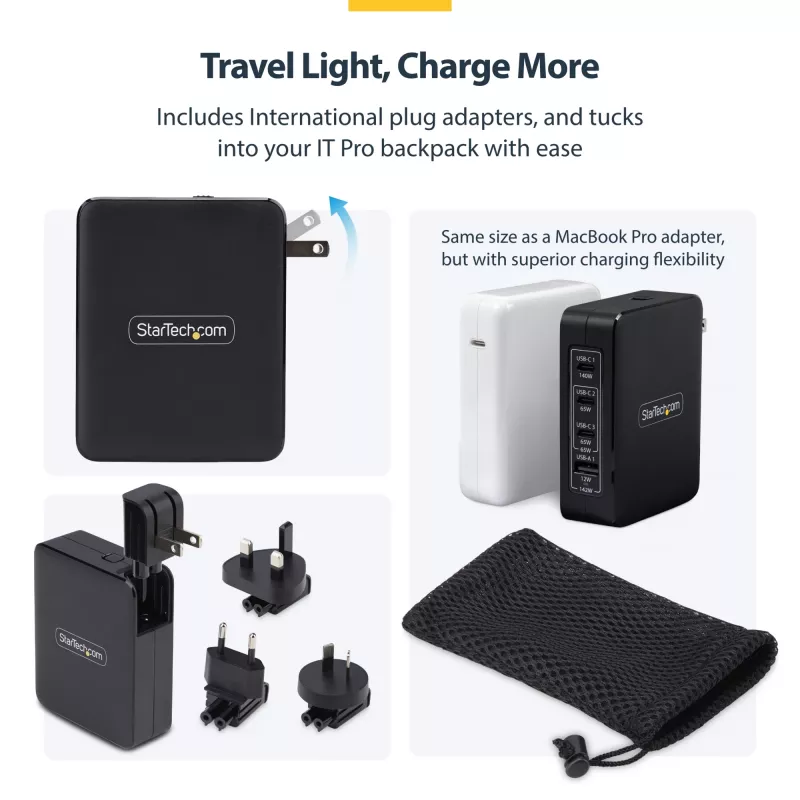 StarTech.com 140W USB-C nástenná nabíjačka, 3x USB-C/1x USB-A, PD 3.1 medzinárodný GaN napájací zdroj pre MacBook/Dell XPS/Inspiron