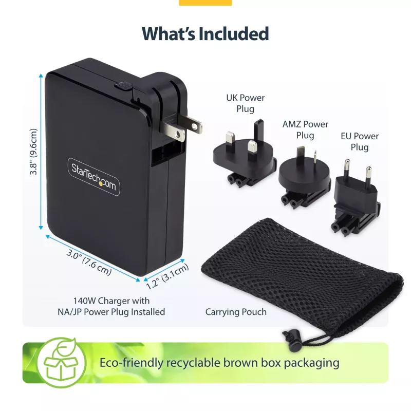 StarTech.com 140W USB-C nástenná nabíjačka, 3x USB-C/1x USB-A, PD 3.1 medzinárodný GaN napájací zdroj pre MacBook/Dell XPS/Inspiron
