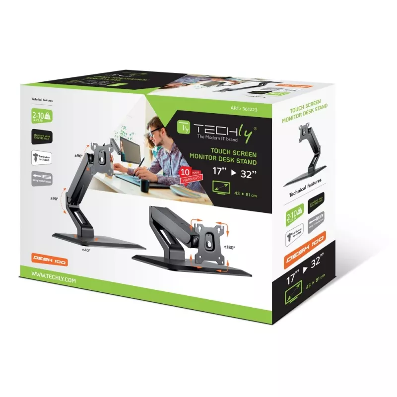 Techly ICA-LCD 35TS stolový stojan pre dotykový monitor, 17 – 32 palcov, do 10 kg, VESA 75x75/100x100, plynová pružina, čierny