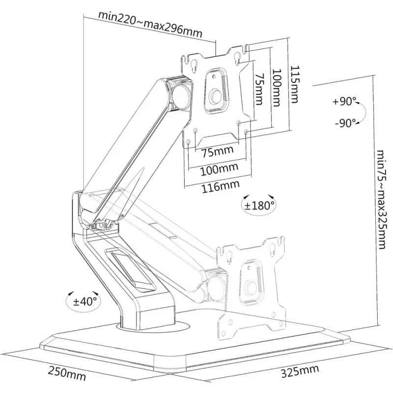 Techly ICA-LCD 35TS stolový stojan pre dotykový monitor, 17 – 32 palcov, do 10 kg, VESA 75x75/100x100, plynová pružina, čierny