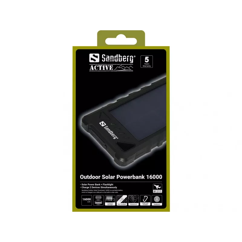 Sandberg Outdoor Solar Powerbank 16000, 16000 mAh, lítium-iónová (Li-Ion), čierna