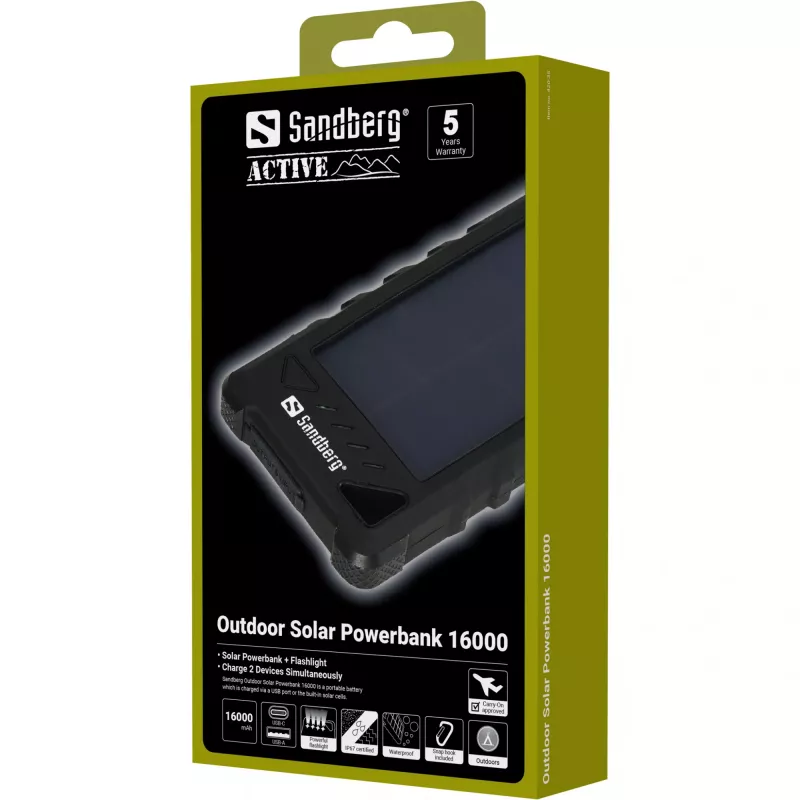 Sandberg Outdoor Solar Powerbank 16000, 16000 mAh, lítium-iónová (Li-Ion), čierna