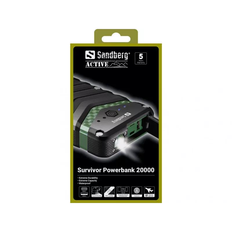 Sandberg Survivor Powerbank 20000, 20000 mAh, lítium-iónová (Li-Ion), čierna, zelená