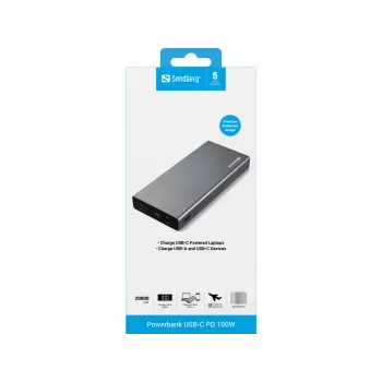 Sandberg Powerbank USB-C PD 100W 20000, 20000 mAh, lítium-iónová (Li-Ion), Quick Charge 3.0, 100 W, sivá