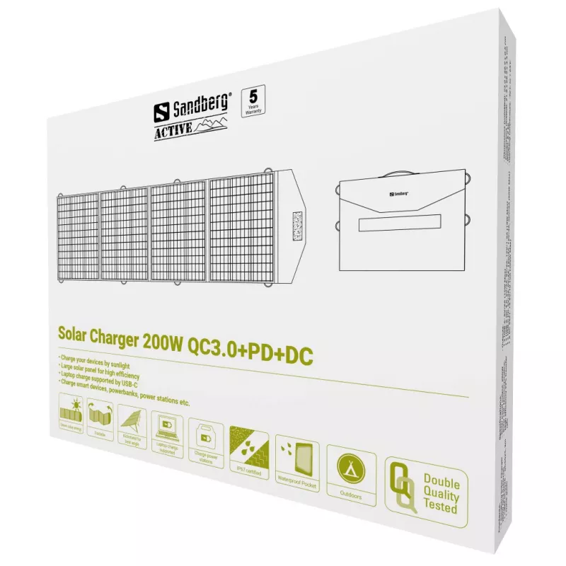 Sandberg 420-82 solárna nabíjačka 200 W, QC3.0+PD+DC, 4 výstupy (DC, 2x USB, USB-C)