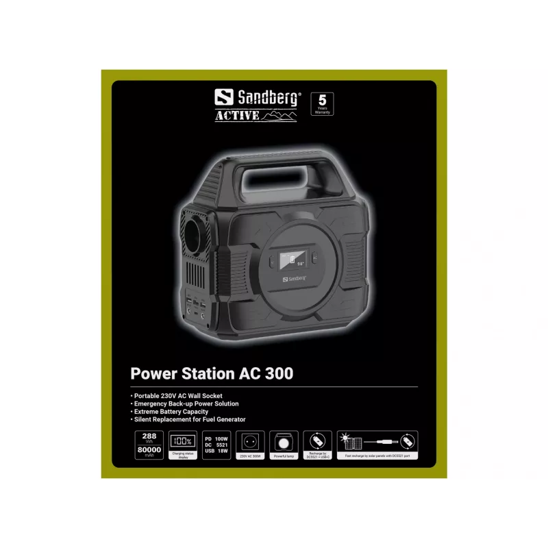 Sandberg Power Station AC 300, 80000 mAh, AC, DC, solárna, USB, 296 Wh, 300 W, 300 W, 6 A