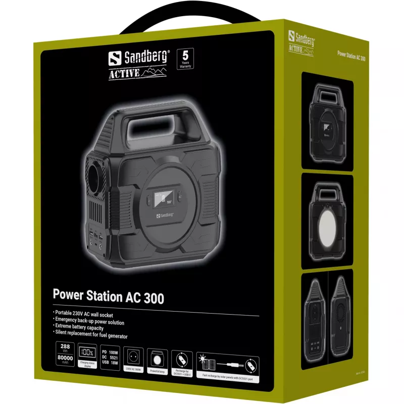 Sandberg Power Station AC 300, 80000 mAh, AC, DC, solárna, USB, 296 Wh, 300 W, 300 W, 6 A
