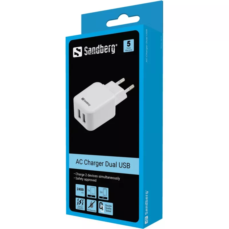 Sandberg AC Charger Dual USB 2.4+1A EU, interiérová, AC, USB, 5 V, čierna, biela