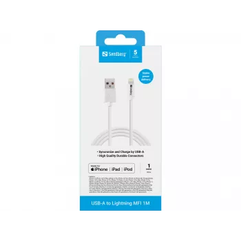 Sandberg USB-A na Lightning MFI 1M, 1 m, Lightning, USB A, biela, rovný, rovný