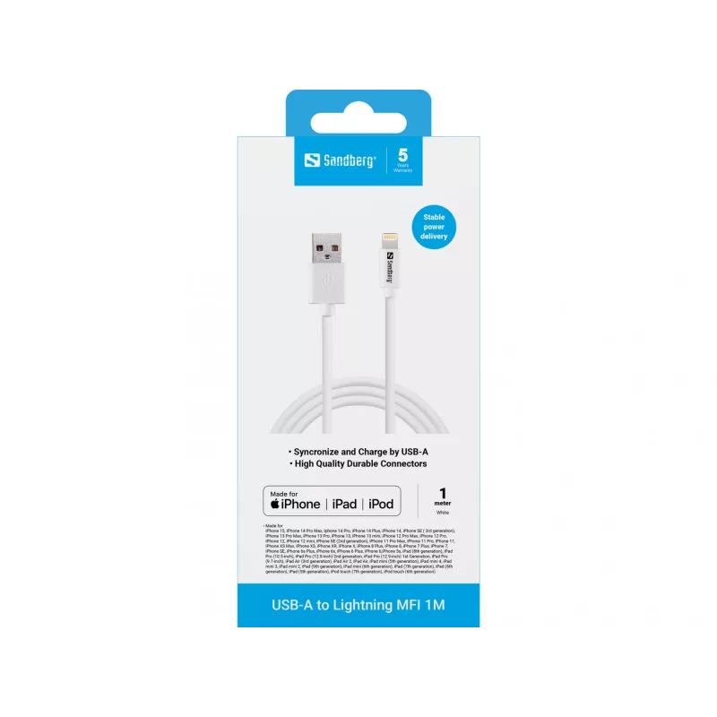 Sandberg USB-A na Lightning MFI 1M, 1 m, Lightning, USB A, biela, rovný, rovný