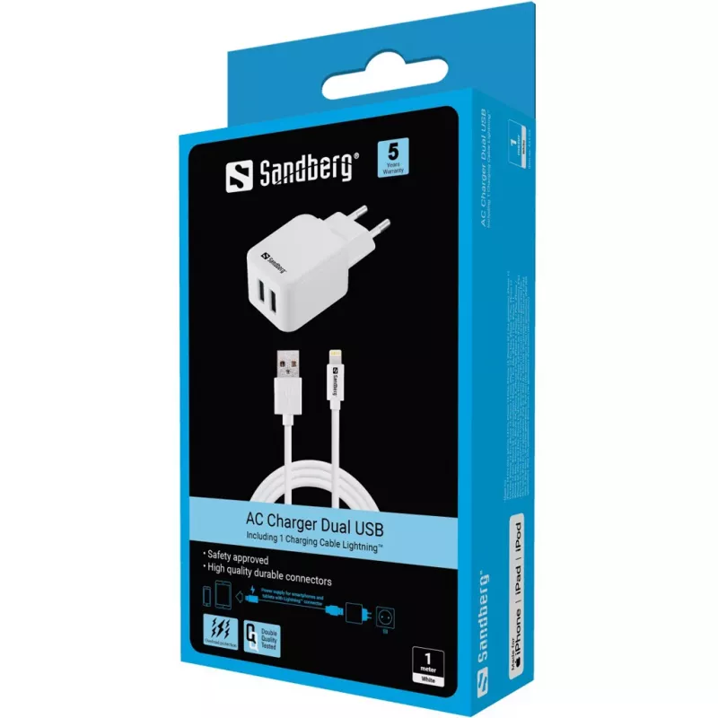 Sandberg AC nabíjačka EU Lightning 2.4A, interiérová, AC, 5 V, biela