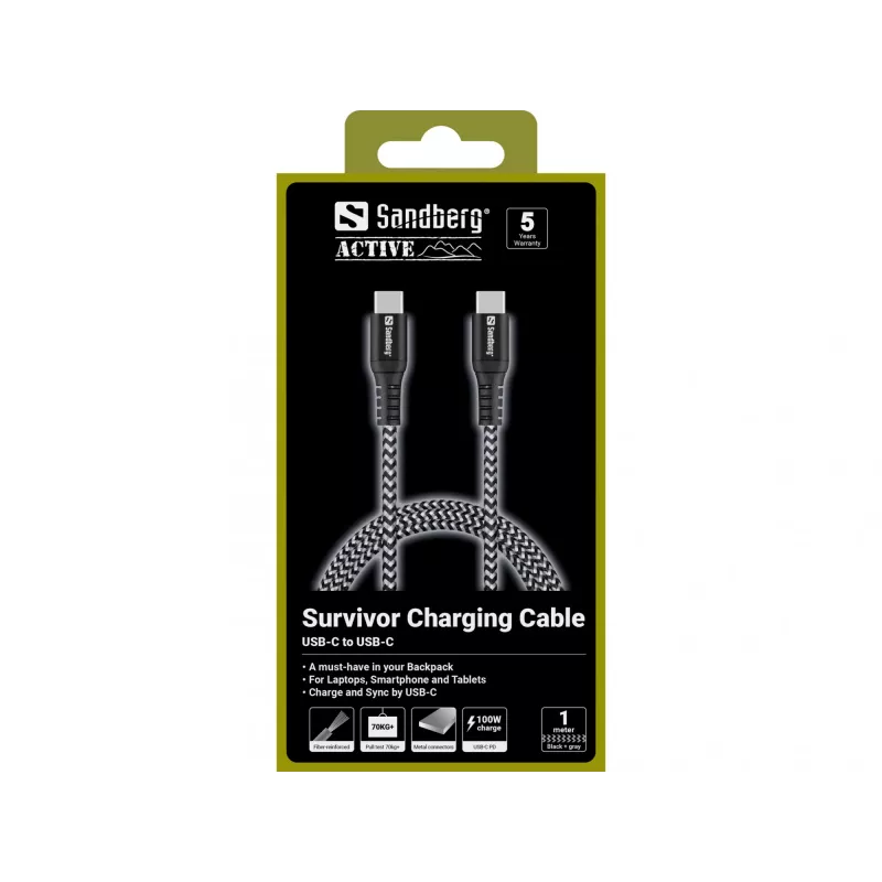 Sandberg Survivor USB-C kábel 1M 100W, 1 m, USB C, USB C, USB 2.0, čierny, sivý