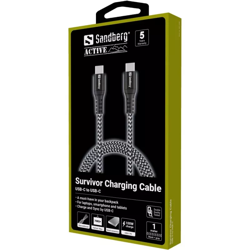 Sandberg Survivor USB-C kábel 1M 100W, 1 m, USB C, USB C, USB 2.0, čierny, sivý