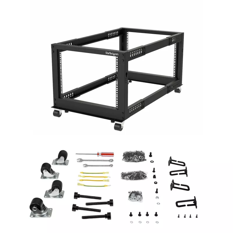 StarTech.com 4-stĺpový 12U mobilný open-frame serverový rack, štvrstĺpový 19-palcový sieťový rack s kolieskami, pojazdný rack s nastaviteľnou hĺbkou pre počítače/AV/dáta/IT vybavenie – kolieska, vyrovnávacie nožičky alebo montáž na podlahu