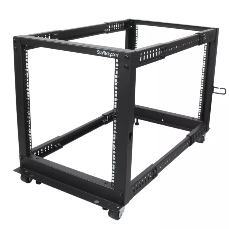 StarTech.com 4-stĺpový 12U mobilný open-frame serverový rack, štvrstĺpový 19-palcový sieťový rack s kolieskami, pojazdný rack s nastaviteľnou hĺbkou pre počítače/AV/dáta/IT vybavenie – kolieska, vyrovnávacie nožičky alebo montáž na podlahu