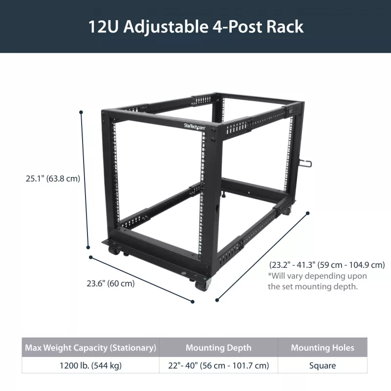StarTech.com 4-stĺpový 12U mobilný open-frame serverový rack, štvrstĺpový 19-palcový sieťový rack s kolieskami, pojazdný rack s nastaviteľnou hĺbkou pre počítače/AV/dáta/IT vybavenie – kolieska, vyrovnávacie nožičky alebo montáž na podlahu