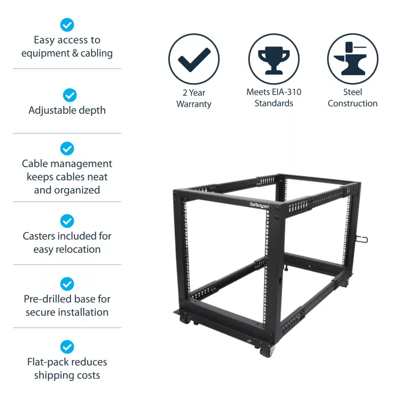 StarTech.com 4-stĺpový 12U mobilný open-frame serverový rack, štvrstĺpový 19-palcový sieťový rack s kolieskami, pojazdný rack s nastaviteľnou hĺbkou pre počítače/AV/dáta/IT vybavenie – kolieska, vyrovnávacie nožičky alebo montáž na podlahu