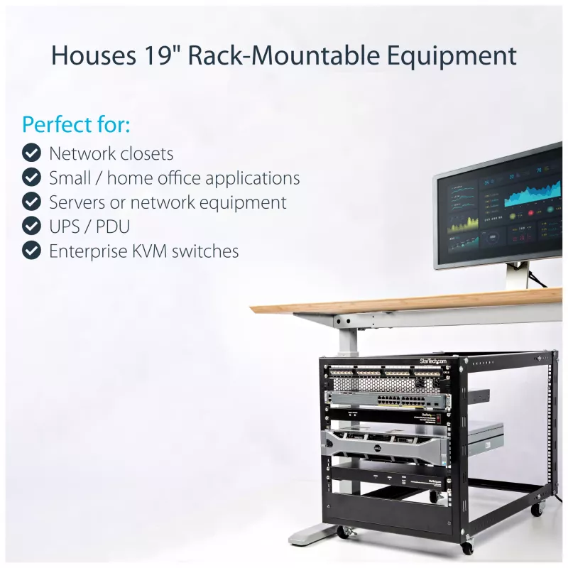 StarTech.com 4-stĺpový 12U mobilný open-frame serverový rack, štvrstĺpový 19-palcový sieťový rack s kolieskami, pojazdný rack s nastaviteľnou hĺbkou pre počítače/AV/dáta/IT vybavenie – kolieska, vyrovnávacie nožičky alebo montáž na podlahu