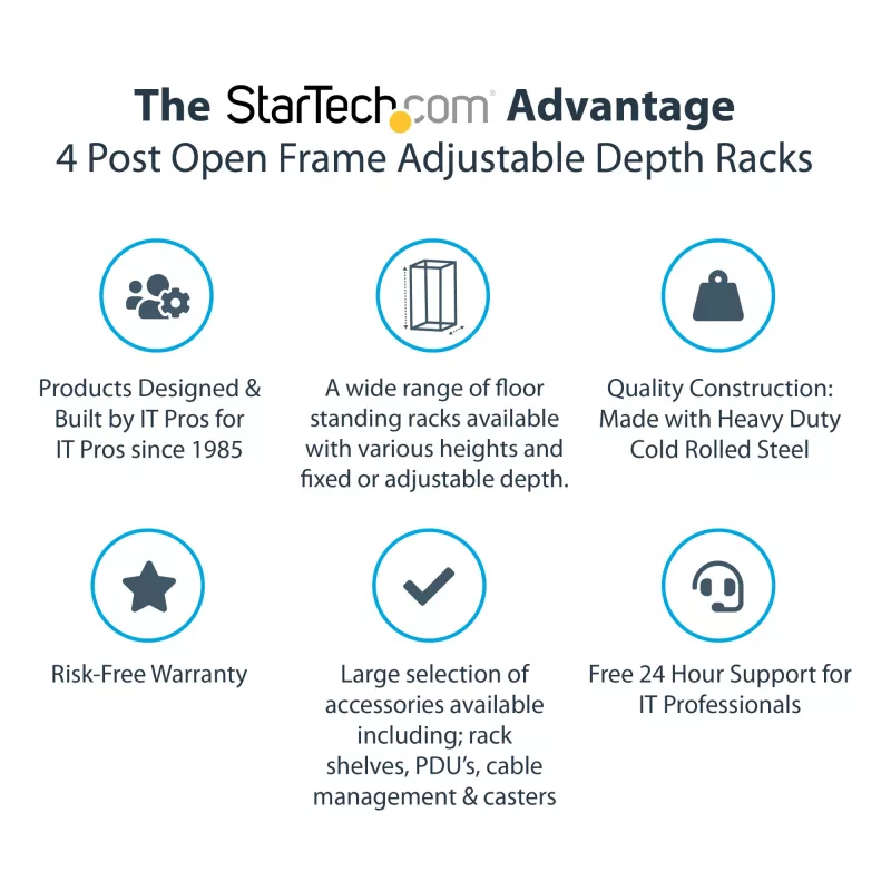 StarTech.com 4-stĺpový 12U mobilný open-frame serverový rack, štvrstĺpový 19-palcový sieťový rack s kolieskami, pojazdný rack s nastaviteľnou hĺbkou pre počítače/AV/dáta/IT vybavenie – kolieska, vyrovnávacie nožičky alebo montáž na podlahu