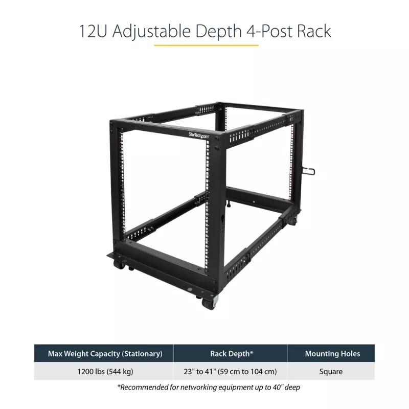 StarTech.com 4-stĺpový 12U mobilný open-frame serverový rack, štvrstĺpový 19-palcový sieťový rack s kolieskami, pojazdný rack s nastaviteľnou hĺbkou pre počítače/AV/dáta/IT vybavenie – kolieska, vyrovnávacie nožičky alebo montáž na podlahu