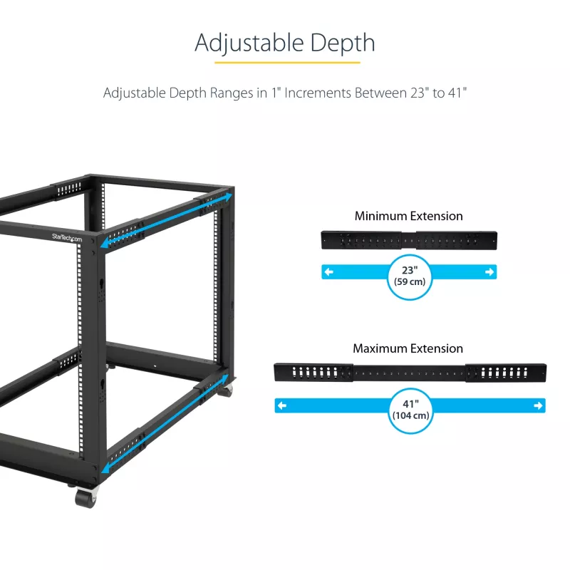 StarTech.com 4-stĺpový 12U mobilný open-frame serverový rack, štvrstĺpový 19-palcový sieťový rack s kolieskami, pojazdný rack s nastaviteľnou hĺbkou pre počítače/AV/dáta/IT vybavenie – kolieska, vyrovnávacie nožičky alebo montáž na podlahu