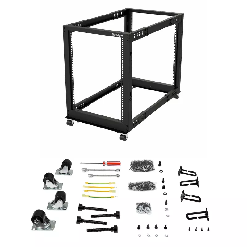 StarTech.com 4-stĺpový 15U mobilný open-frame serverový rack, štvrstĺpový 19-palcový sieťový rack s kolieskami, pojazdný rack s nastaviteľnou hĺbkou pre počítače/AV/dáta/IT vybavenie – otočné kolieska, vyrovnávacie nožičky alebo montáž na podlahu