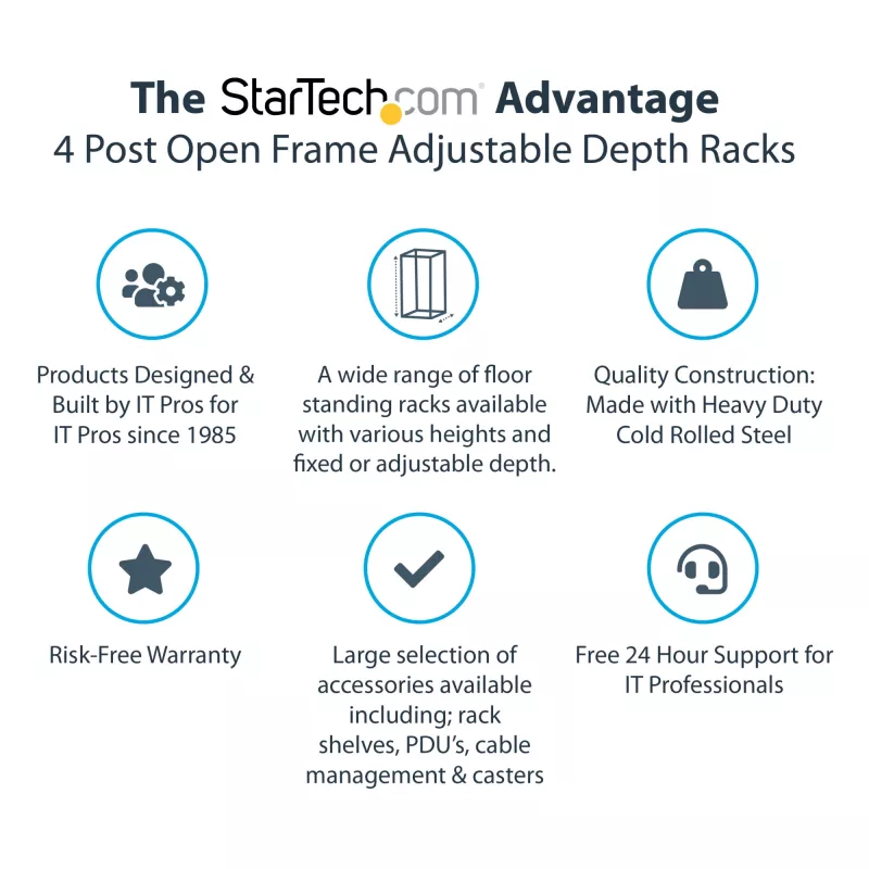 StarTech.com 4-stĺpový 15U mobilný open-frame serverový rack, štvrstĺpový 19-palcový sieťový rack s kolieskami, pojazdný rack s nastaviteľnou hĺbkou pre počítače/AV/dáta/IT vybavenie – otočné kolieska, vyrovnávacie nožičky alebo montáž na podlahu