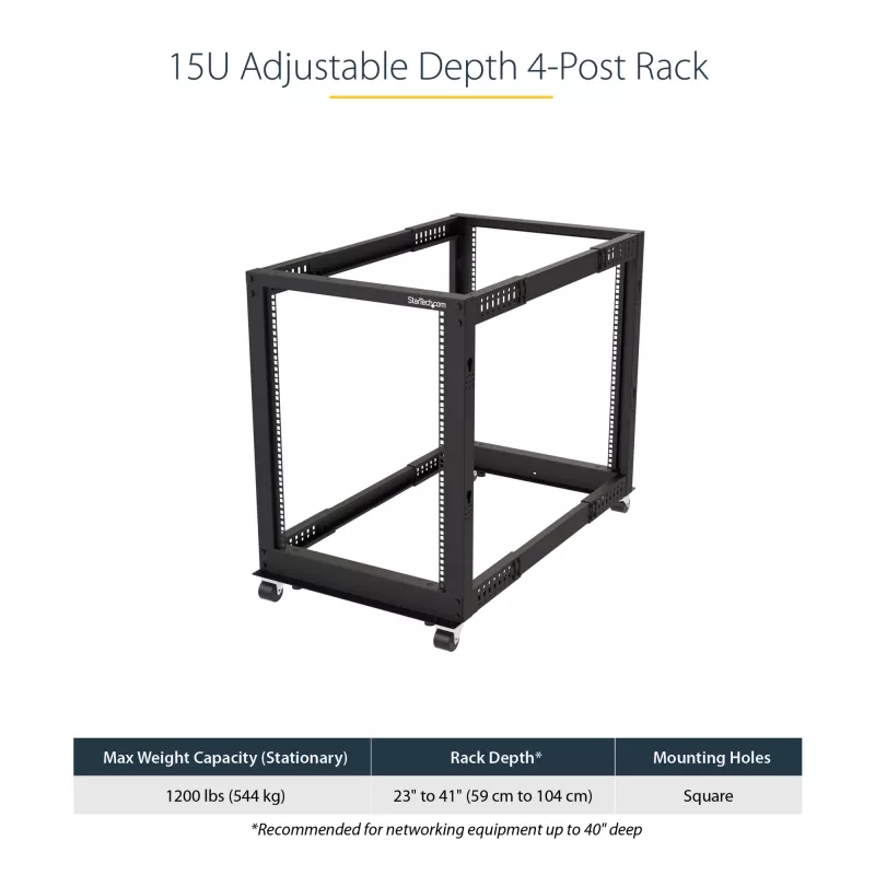 StarTech.com 4-stĺpový 15U mobilný open-frame serverový rack, štvrstĺpový 19-palcový sieťový rack s kolieskami, pojazdný rack s nastaviteľnou hĺbkou pre počítače/AV/dáta/IT vybavenie – otočné kolieska, vyrovnávacie nožičky alebo montáž na podlahu