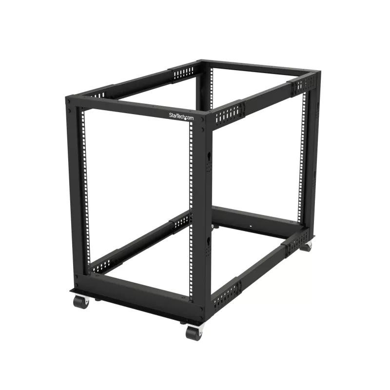 StarTech.com 4-stĺpový 15U mobilný open-frame serverový rack, štvrstĺpový 19-palcový sieťový rack s kolieskami, pojazdný rack s nastaviteľnou hĺbkou pre počítače/AV/dáta/IT vybavenie – otočné kolieska, vyrovnávacie nožičky alebo montáž na podlahu