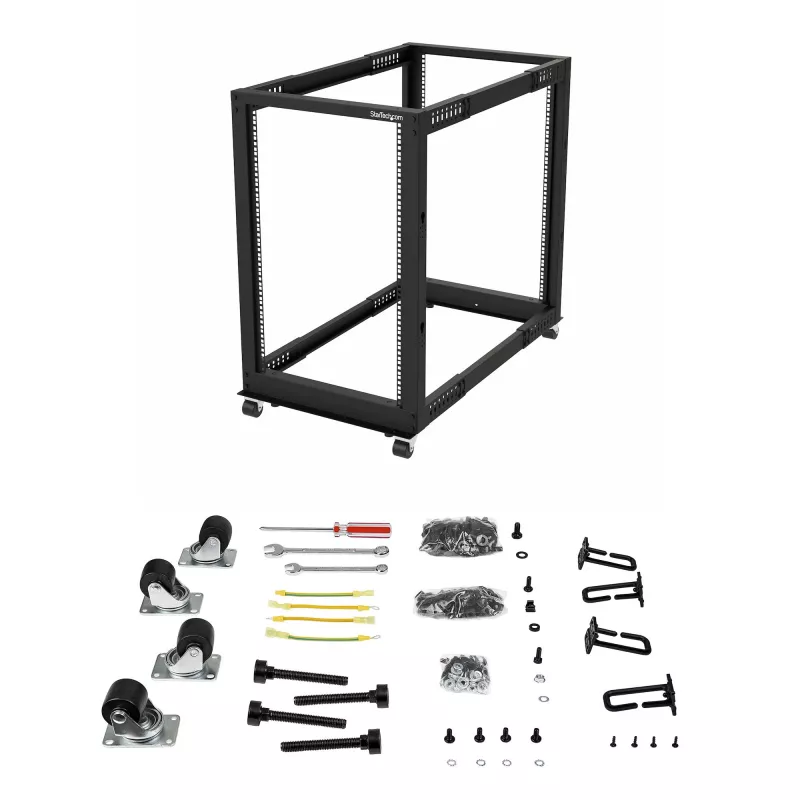 StarTech.com 4-stĺpový 18U mobilný open-frame serverový rack, štvrstĺpový 19-palcový sieťový rack s kolieskami, pojazdný rack s nastaviteľnou hĺbkou pre počítače/AV/dáta/IT vybavenie – kolieska, vyrovnávacie nožičky alebo montáž na podlahu